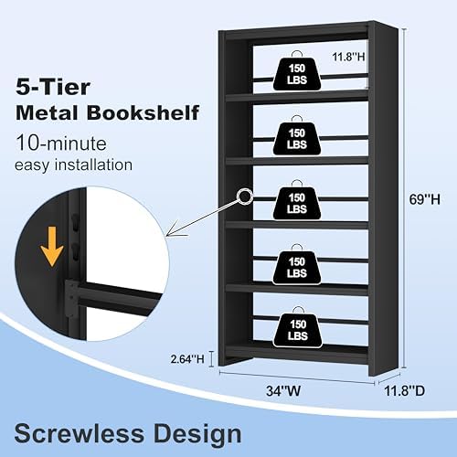 5 Tier Metal Bookshelf, Black 69" Tall Bookcase, Large Heavy Duty Book S...