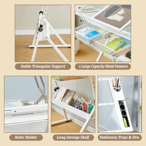 Height Adjustable Drafting Table Desk w/Stool, Tempered Glass Top