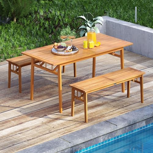Tangkula 3 Pieces Patio Dining Set, Acacia Wood Space Saving Outdoor Rectangu...