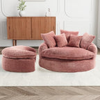 54'' Oversized Round Bean Bag Chaise Lounge Barrel Chair with Movable Ottoman, Fluffy Cloud Couch Boneless Round Sofa Chair for Living Room, Bedroom, Apartment, Pink