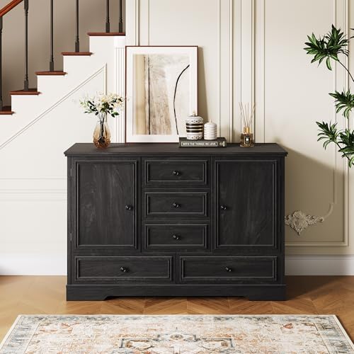 GarveeHome 47” Farmhouse Sideboard Buffet Cabinet,5 Drawers,2 Doors,Brown01