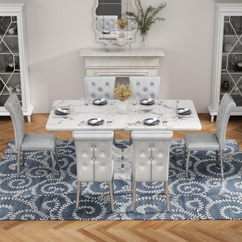 JUFU 63-Inch Faux Marble Dining Table Set for 6, Gray Chairs, Silver Legs