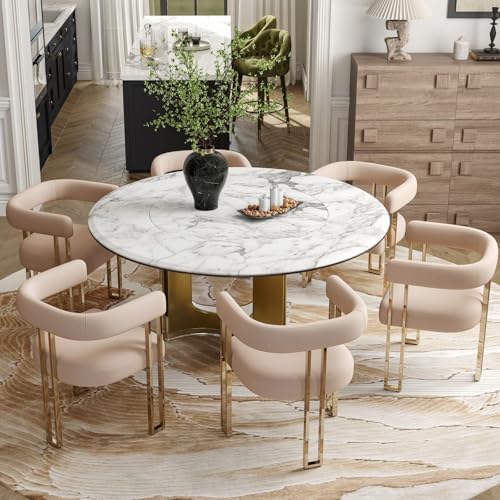 Hyfirm Velvet Dining Chairs Set of 6, Khaki Upholstered Barrel Armchairs with...