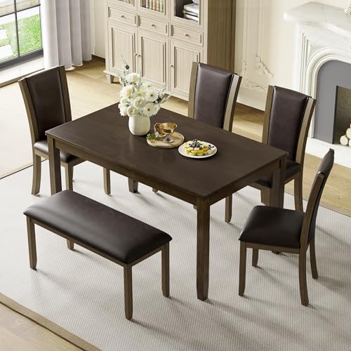 6-Piece Dining Table Set with Bench and Chairs - Solid Wood Kitchen Dining Ro...