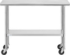 ROCKPOINT Stainless Steel Table for Prep & Work with Caster Wheels 14x48 Inches, NSF Metal Commercial Kitchen Heavy Duty Table with Adjustable Under Shelf and Table Foot for Restaurant, Home and Hotel
