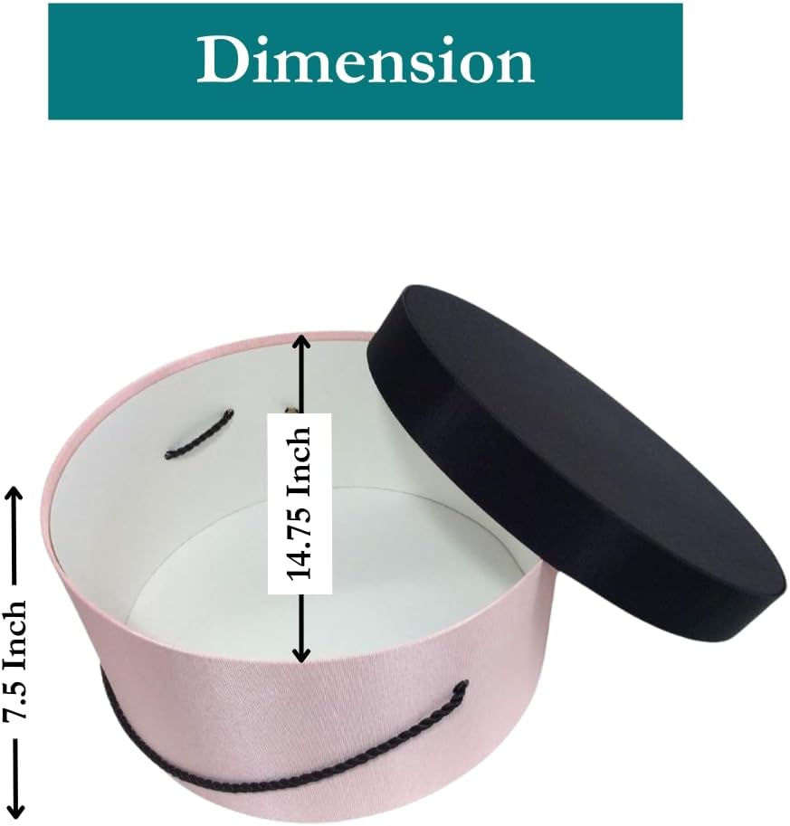 Sarah's Hat Boxes Classic Pink/Black Hat Box – 14.75" x 7.5" (Dia. x Ht.) Handmade in USA – Odorless Non-Toxic Adhesive, Cording Handle – Premium Storage for Hats & Accessories