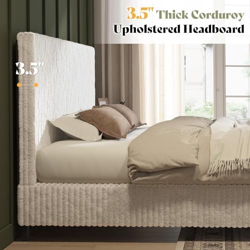 AMERLIFE Full Bed Frame, Upholstered Metal Platform Bed, Cream