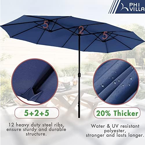 PHI VILLA 7-Piece Patio Set with 13ft Blue Umbrella, 6 Rattan Chairs