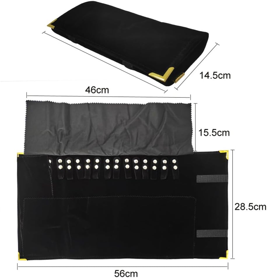 Premium Jewelry Roll Organizer for 16 Necklaces 55cm x 29cm Metal Snap & Velcro Closure - Ideal for Travel and Storage (Black with golden corner)