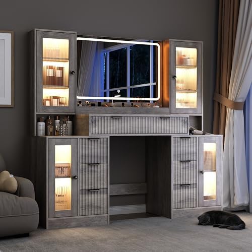 Fluted Vanity Desk with Mirror & Lights | 8 Drawers & 4 Cabinets, Tem...
