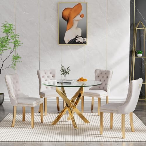 36" Modern Gold Glass Dining Room Table Set for 4, 5-Piece Round Kitchen...