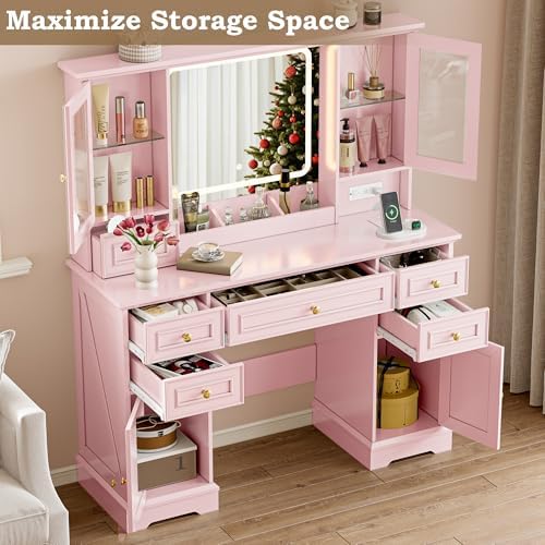 BORNOON Vanity Desk with Lights, Large LED Mirror with 3 Color Modes, Makeup ...