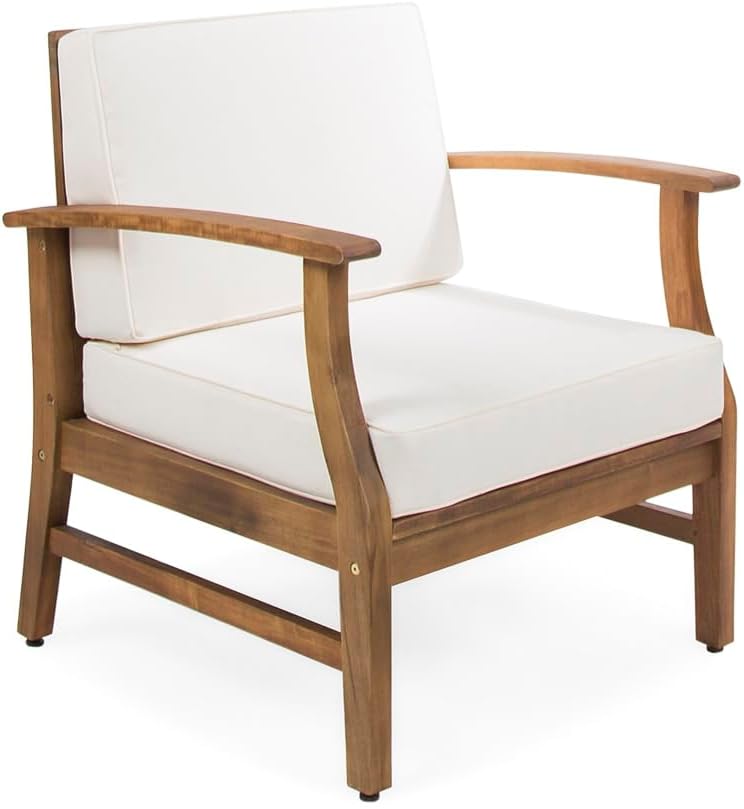 Weatherproof Acacia Wood Outdoor Arm Chair with Beige Cushions, Indoor & ...