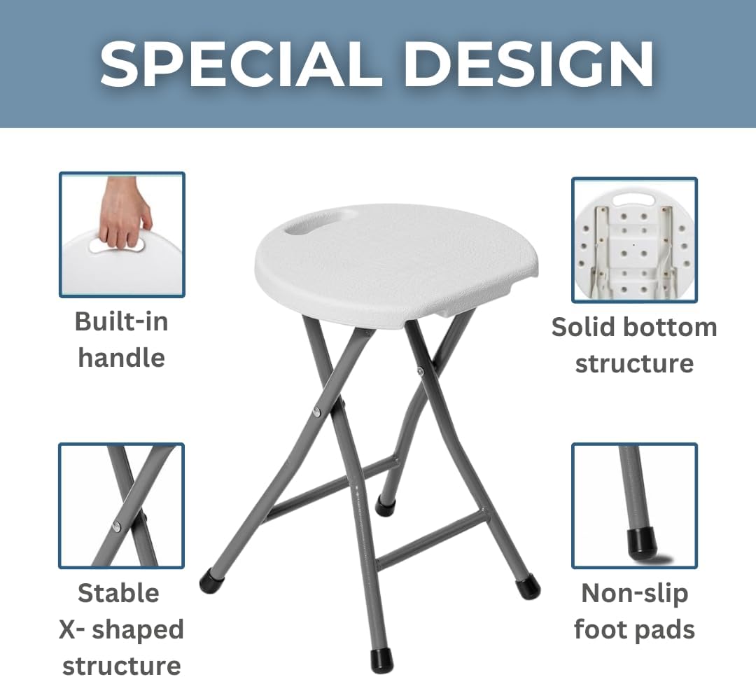 Standard Folding Stool | Portable, Lightweight Foldable Stool with 150lbs Weight Capacity | Ideal for Kitchen, Desks, Camping & Extra Seating | Folding Stool With Handle & Protective Feet | White (1)