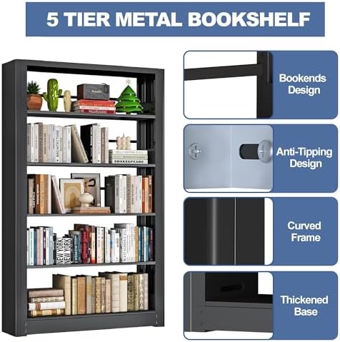 Bookshelf, Heavy Duty Metal Book Shelf, Industrial Bookshelves, 69” Black
