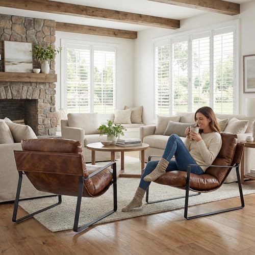 LukeAlon Set of 2 Modern PU Leather Accent Armchair, Retro Brown | Pu Leather...