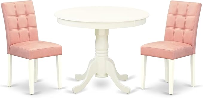 East West Furniture ANAS3-LWH-42 3 Piece Dining Table Set consists A Wood Table and 2 Beige Red Polyester Fabric Mid-Century Dining Chairs with Stylish Back- Linen White Finish