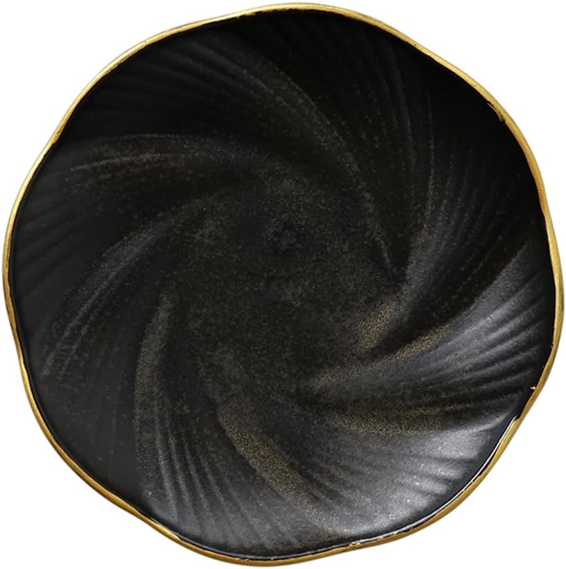 Black Ceramic Jewelry Tray with Gold Edge, 5 Inch Modern Trinket Dish for Rings & Earrings, Minimal Vanity Organizer