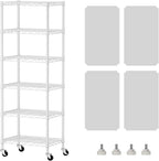 SINGAYE 6 Shelves Storage Shelf Wire Closet Bathroom Organizers Metal Pantry Kitchen Small Garage Shelving Unit Laundry Room Organization Home Narrow Rack Net Basket with Wheels White