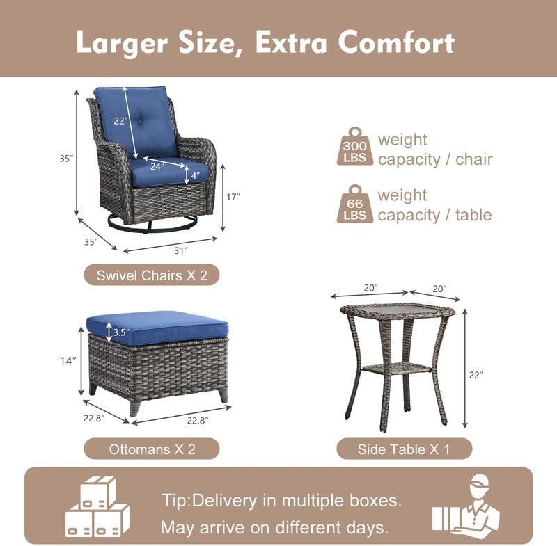 Rilyson 5 Pieces Outdoor Wicker Patio Furniture Set with Ottoman Blue