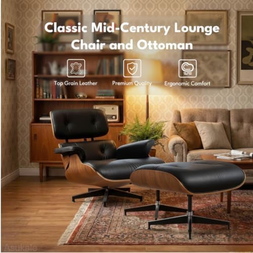 Top Grain Leather, Mid Century Chaise Lounge Chair Indoor, Chair with Ottoman...