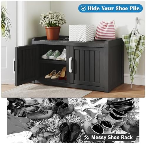 2-Tier Storage Bench, Waterproof UV-Resistant Outdoor Shoe Storage Cabinet wi...