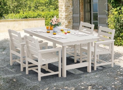 SERWALL 7 Pcs Outdoor Dining Set, 67" HDPE Dining Set for 6, White