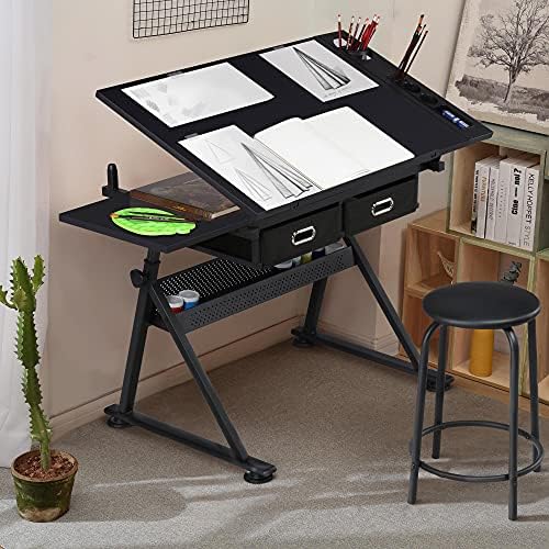 Yaheetech Adjustable Drafting Table Art Desk,Storage Drawers & Stool,Blac...