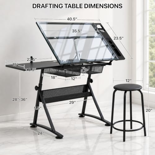 Athena Collection Glass Drafting Table W/Stool, Tilting Art Desk, Black