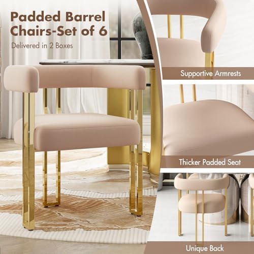 Hyfirm Velvet Dining Chairs Set of 6, Khaki Upholstered Barrel Armchairs with...
