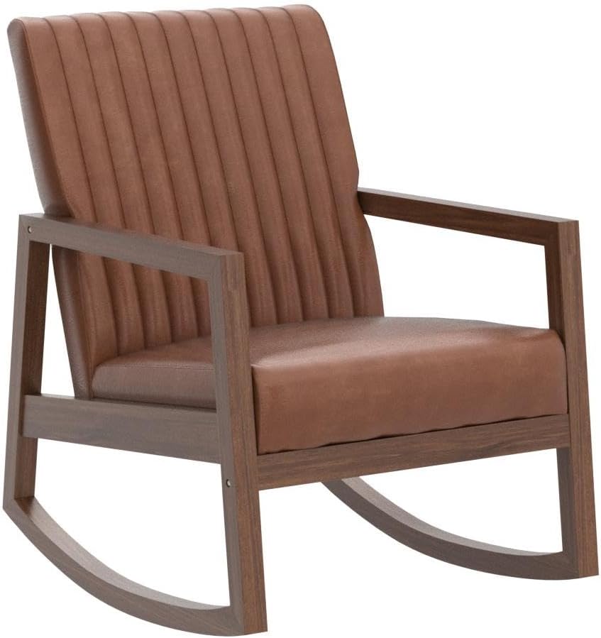 Leather Modern Rocking Chair Mid Century Armchair Upholstered Arm Chair with Padded Seat/Wood Frame, Comfy Rocker for Living Room/Bedroom, Retro Brown PU