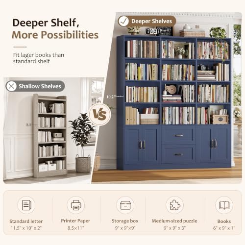 HOSTACK 71" Tall Triple Wide Bookshelf with Storage Drawers & Doors,...