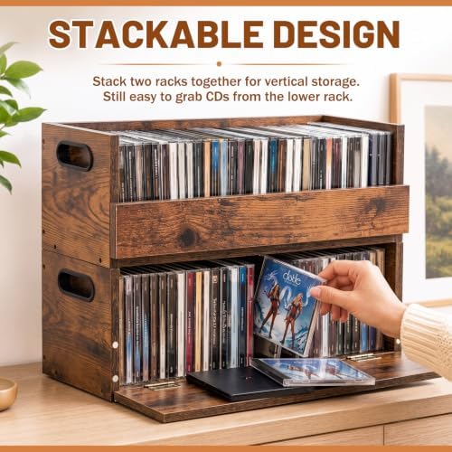 CroBlissful 2 Set Wooden Cd Storage Box, Holds 72 Cds(36 Each), Stackable Cd Holder Organizer with Magnetic Front Flap and Carrying Handles for Dvds, Cassette Tapes and Movie Cases (Rustic Wood Grain)