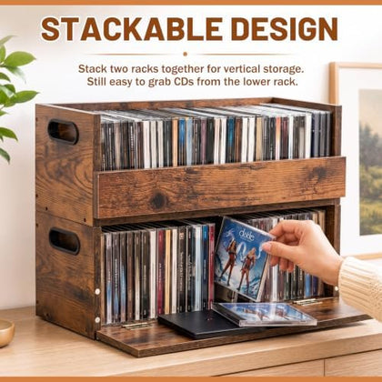 CroBlissful 2 Set Wooden Cd Storage Box, Holds 72 Cds(36 Each), Stackable Cd Holder Organizer with Magnetic Front Flap and Carrying Handles for Dvds, Cassette Tapes and Movie Cases (Rustic Wood Grain)