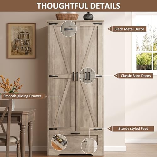 Vongrasig Kitchen Pantry Storage Cabinet with Barn Doors, Drawer and Adjustab...