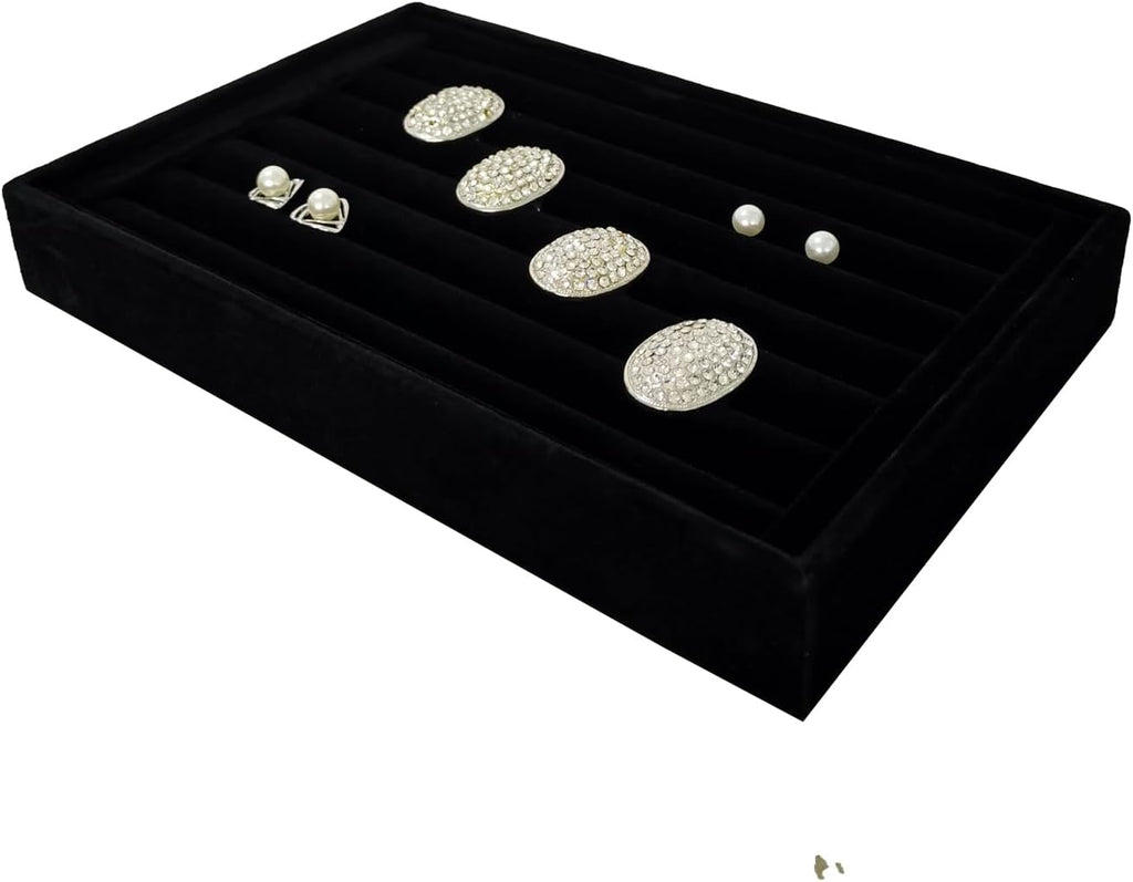 Velvet Rings Display Tray 7 Slots Ring Stud Earrings Organizer Holder Jewelry Storage Tray for Women(Black)