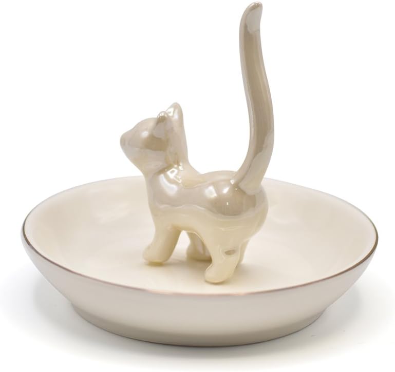 ROSA&ROSE Cat Ring Holder Trinket Tray Ceramic Jewelry Dish Decorative Ring Holder/Trinket Tray Engagement Wedding Birthday Gifts for Women Her(Pearl White)