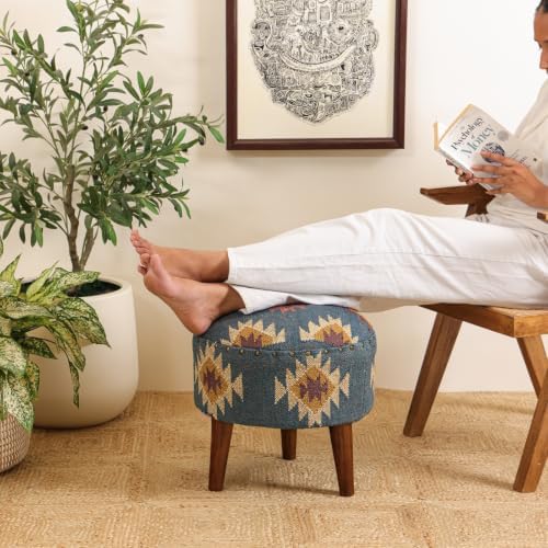Handmade Kilim Jute Pouf Ottoman Stool | Round Upholstered Seating with Acaci...