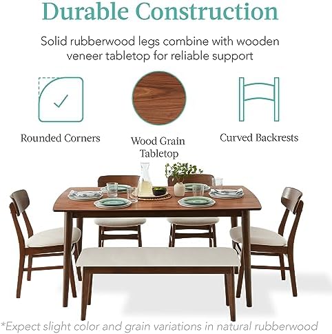 Best Choice Products 6-Piece Wooden Dining Set, Mid-Century Modern Table &amp...