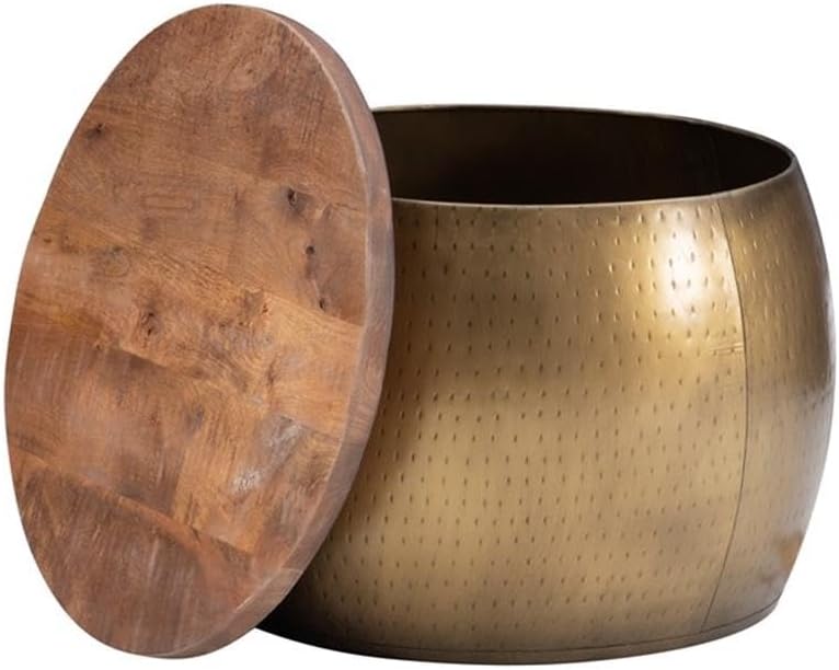 MAKLAINE Large Hammered Metal Drum Table with Storage, Brass Finish, Solid Ma...