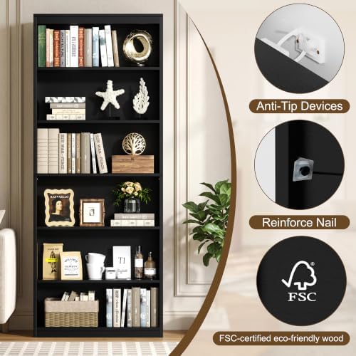 Shintenchi 6-Tier Bookshelf, Tall Bookcase & Display Storage Shelves, Black