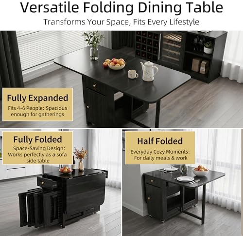 Small Foldable Dining Table - 59" Fully Assembled Drop Leaf Tables for S...