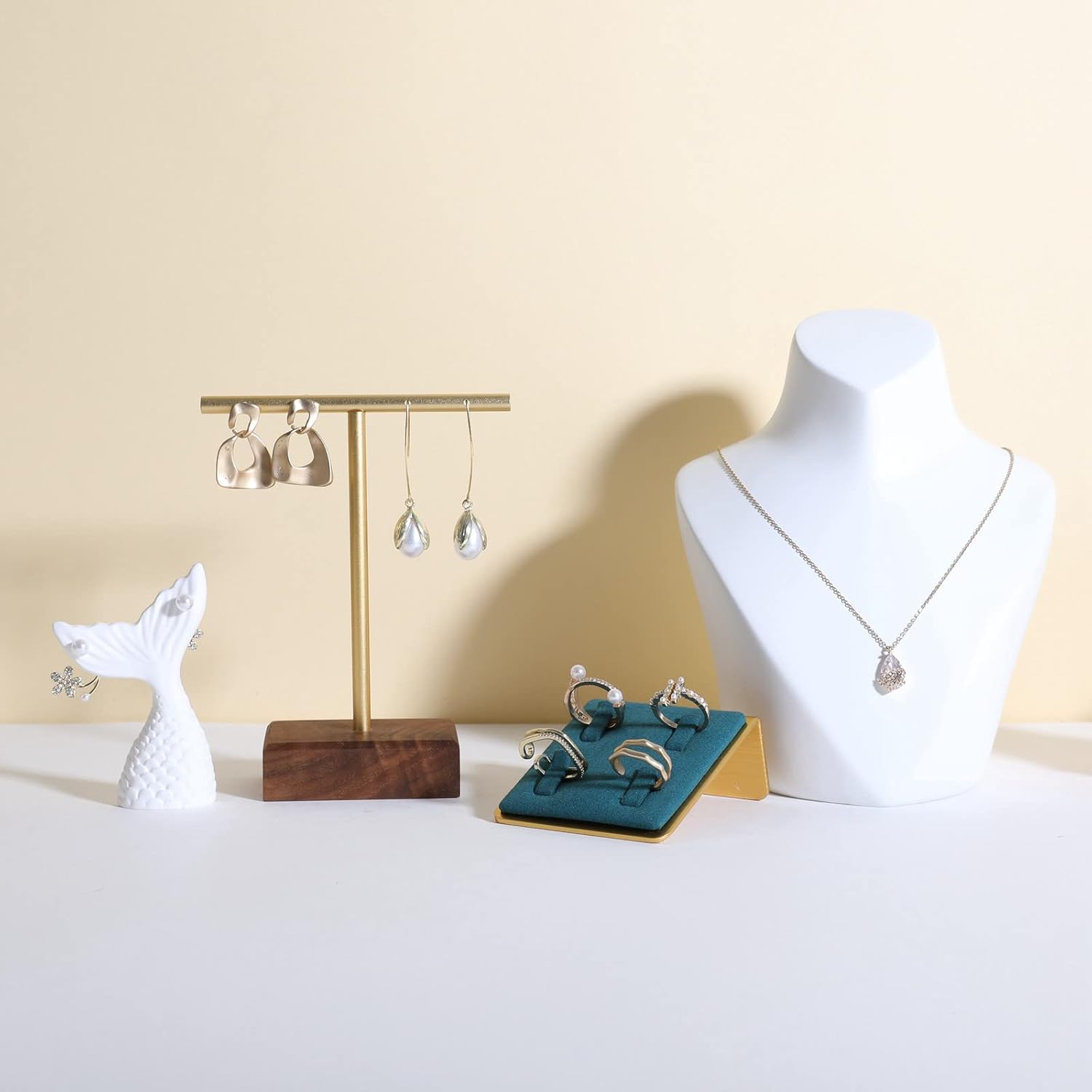 GemeShou earrings T display stands for selling, small earring holder jewelry stand with 4 holes on bar, wood earring hanger for boutique display【Walnut】