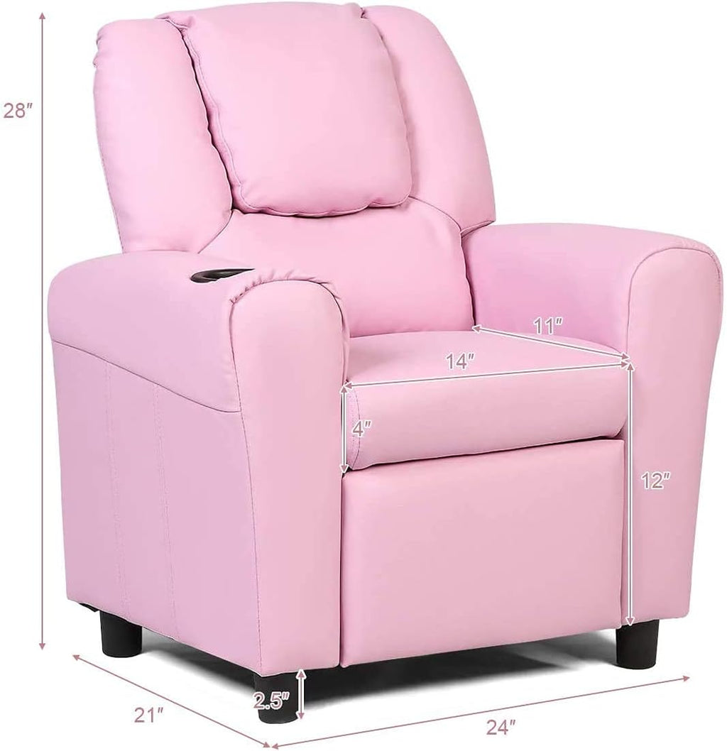 Kids Recliner chair, toddler Armchair Upholstered Couch with Cup Holder, Backrest, baby Leather sofa with Headrest and Footrest, Child Furniture for Ages 2-7(Pink)