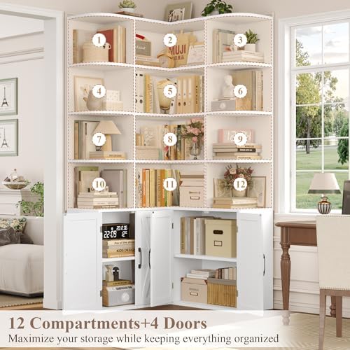 FINETONES 74" Tall Corner Bookshelf, White Bookshelf with Doors