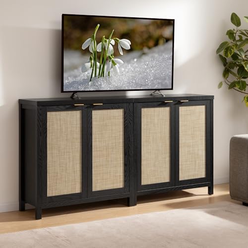 SICOTAS Rattan Black Sideboard Buffet Storage Cabinet with Large Storage