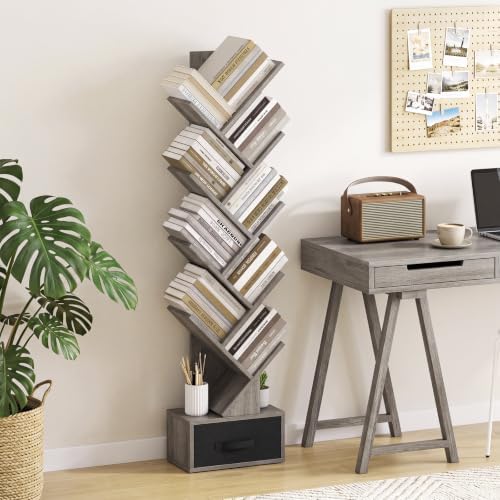 GIANTEX 9-Tier Tree Bookshelf, Tall Small Bookcase with Drawer, Gray Oak