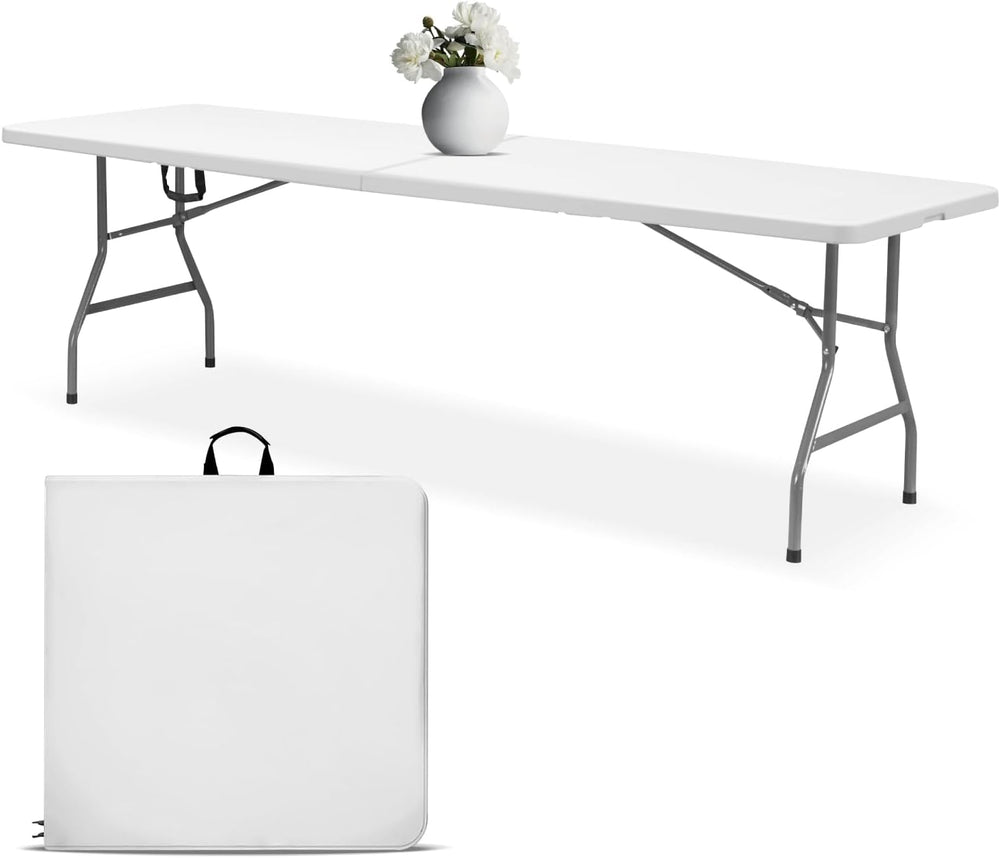 EconoHome White 8ft Folding Table with Handle | Heavy-Duty Foldable Table | P...