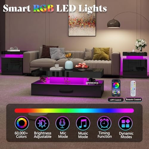AMERLIFE 3-Piece High Gloss Coffee Table Set with LED Lights