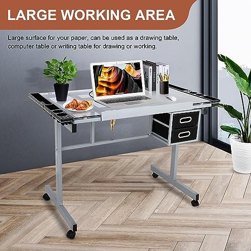 Nova Microdermabrasion Glass Top Drafting Table with Storage, Adjustable Draw...